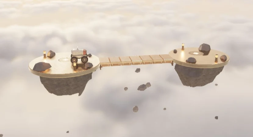 Actual Morning Crossing gameplay: the ceramic courier and a timber bridge between two sunlit islands