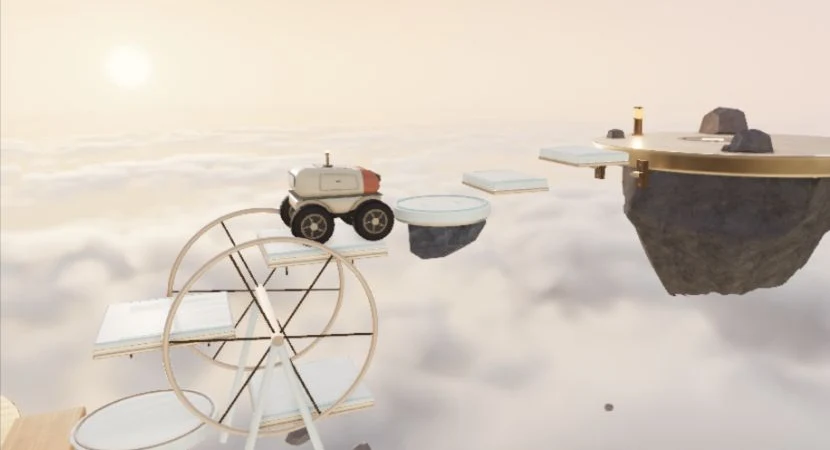 Actual Skywheel Ascent gameplay: the courier rides a champagne wheel toward elevated islands and floating steps