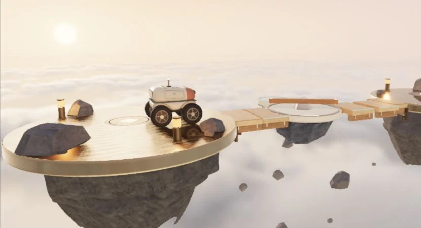 Actual Sundial Crossing gameplay: the courier approaches a rotating copper sweep and changing bridge boards