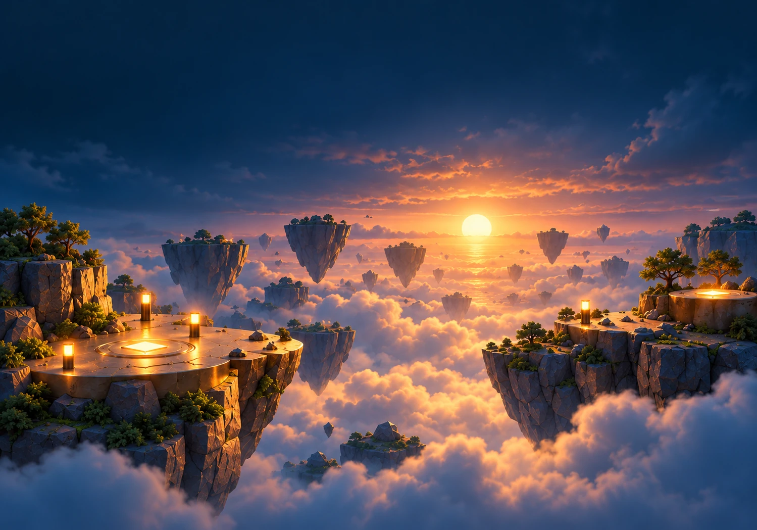 A sunlit crossing between floating islands above a sea of clouds