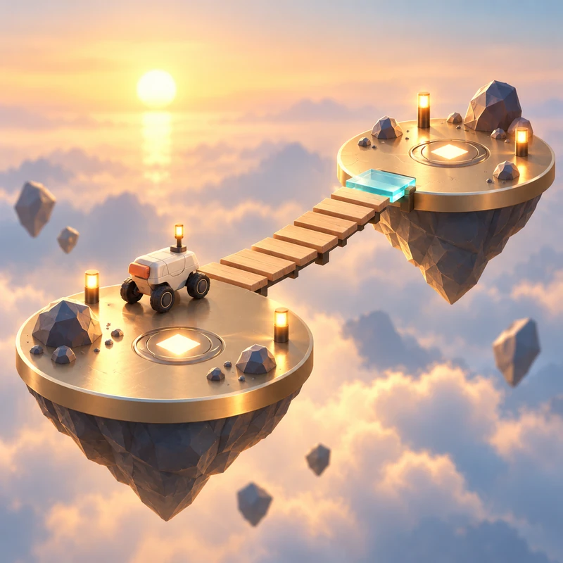 Courier and bridge connecting two floating islands
