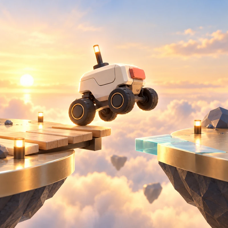 Courier rover leaping between floating platforms