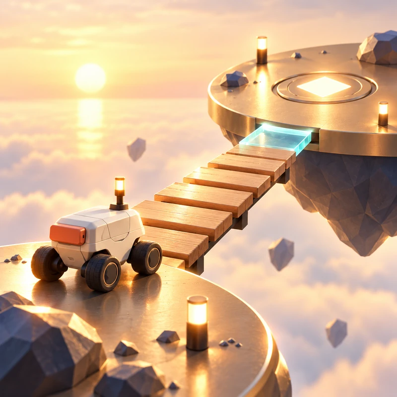 A courier following a bridge toward a floating island